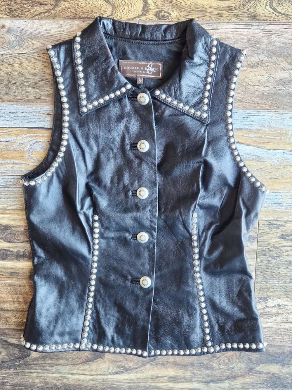 Double D Rance 100% Leather Studded Western Vest Silver Button Black - Picture 9 of 16
